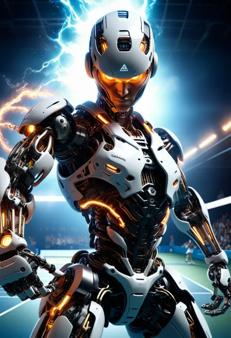 a cybernetically enhanced tennis player, detailed mechanical body, iron legs, massive arms, pitches ball towards camera, dramatic lighting, (best quality,4k,8k,highres,masterpiece:1.2),ultra-detailed,(realistic,photorealistic,photo-realistic:1.37),cinemati...