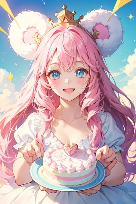 A vanilla cake girl bear Num with an excited expression. Her head is covered in white frosting and decorated with pink, sky blue, and yellow sprinkles. She wears a pink crown with a heart with an N on it. SPARKLE; GLITTER