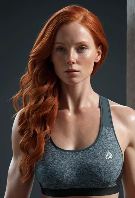 8k, Hyperrealistic redhead woman in fitness suit