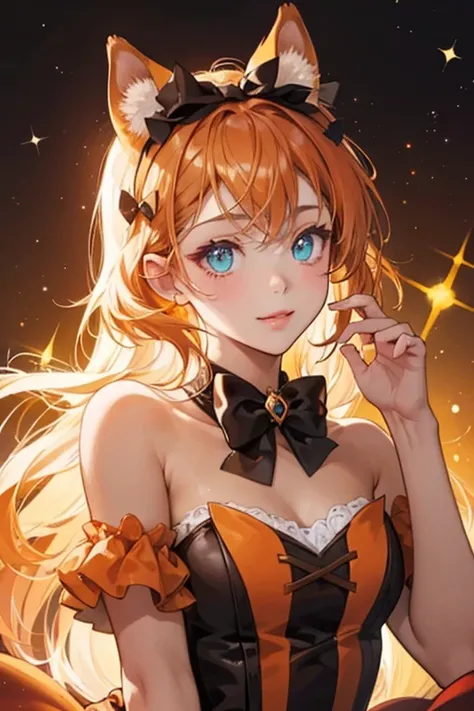 A dark orange croissant girl cat Num with tan frosting on her head. She wears auburn bows on her ears and has a winking expression. SPARKLE; GLITTER