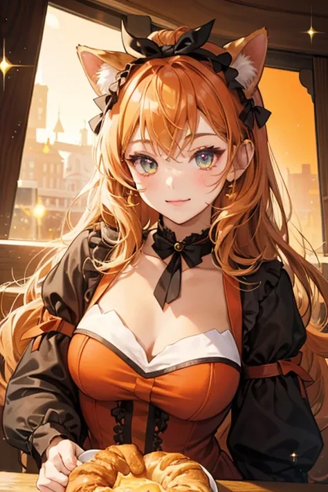 A dark orange croissant girl cat Num with tan frosting on her head. She wears auburn bows on her ears and has a winking expression. SPARKLE; GLITTER