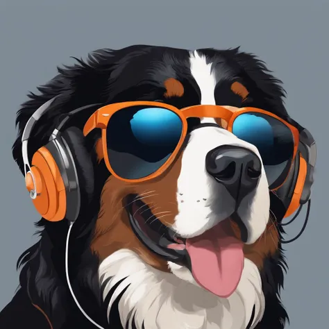 I want to create a cute original character.、Bernese mountain dog wearing headphones and sunglasses, looking like he&#39;s having fun