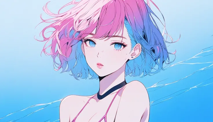 Illustrator, anime , Realistic ,sketch , 1 Girl, ,lip, Swimwear，order, Blue gradient background, Neon Hair,Textured Trim, Canadian, (masterpiece,Highest quality) Cancer、