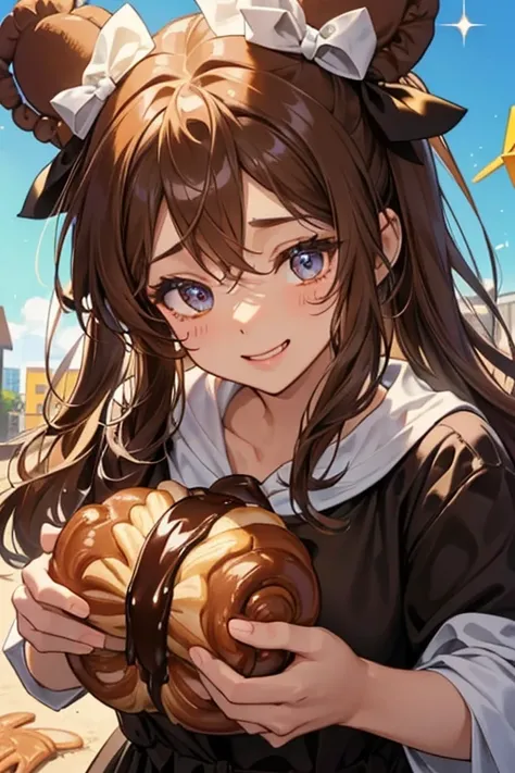 Choco Croissant is a chocolate croissant girl bear Num with a excited expression. She has golden-brown lines on her. She has a drizzle on her forehead. Her head is adorned by a melting chocolate bow. SPARKLE; GLITTER