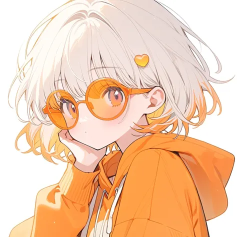 girl, white hair, short hair, orange mesh hair, orange and gray eyes, orange hoodie, pastel orange ((heart)) sun glasses, 舌を出す, ...