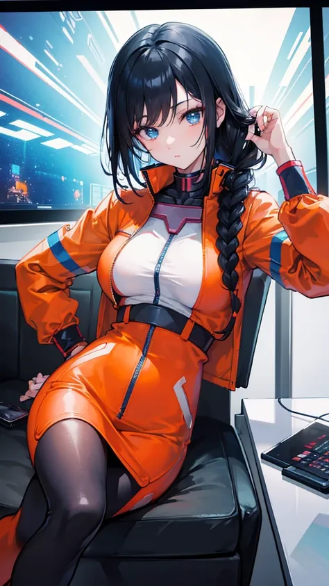 surrealism，a female，gundam pilot，lipstick，black hair，surrounding fluorescent screen，wearing orange space suit，side braid，mature，...