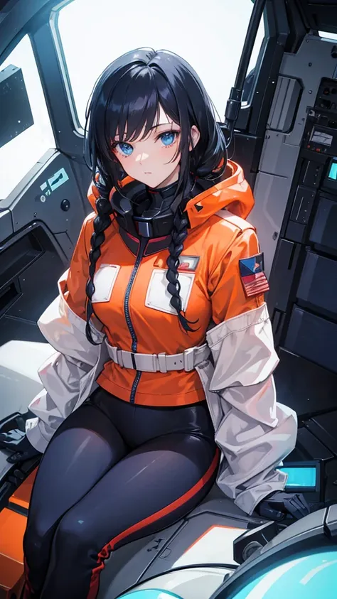 Surrealism，A female，gundam pilot，lipstick，Black Hair，Surrounding fluorescent screen，Wearing orange space suit，side braid，Mature，Sexy，Blue eyes，sitting in driver&#39;s seat，Look to the right，Drink coffee