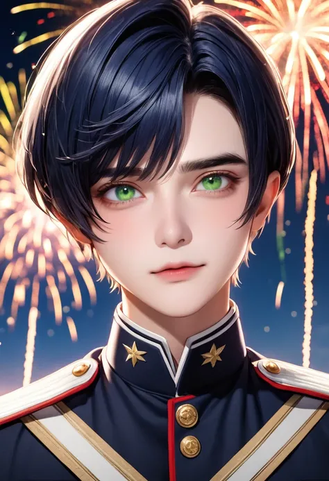 1 male　Short dark blue hair and eyebrows　The parting of the bangs above the right eye　Deep green eyes 　White military uniform 　firework