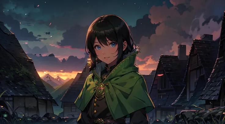 yuichiro hyakuya girl, (WithoutFear:1), 1 girl, black hair, green eyes, brown coat, gray armor, elves, sylvan, green shield, green cloak, dark brown gloves, forest, white fur trim, anime, standing, good quality, portrait, looking at viewer