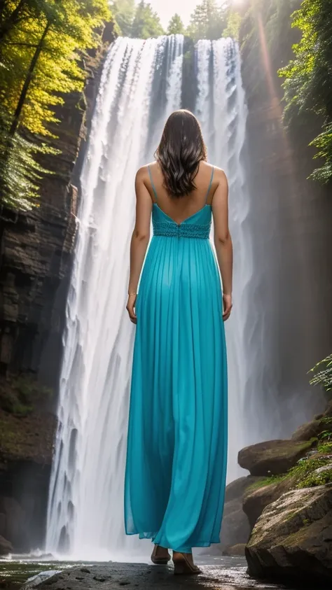 1 girl, realistic beautiFul young woman, wearing a beautiFul dress, waterfall, walking under the waterfall, Turn her back to the audience, mysterious beauty, Full body, the character ratio is only 1/8, lake surFace, ((big forest)), Raio Tyndall, 真实感, cinem...