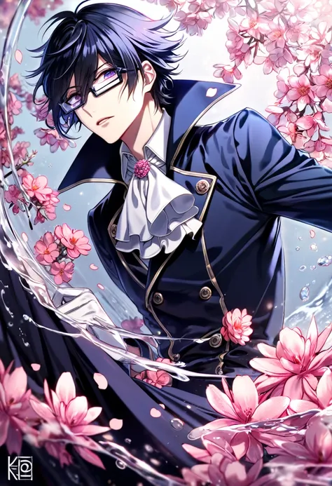 absurdres, highres, ultra detailed, HDR, master piece, best quality, Fushimi Saruhiko, messy hair, hair windswept, dark black blue tinted hair, long side bangs, expressive purple eyes, K Project, rectangular-shaped glasses, military uniform, a high collare...