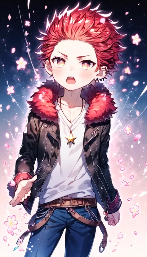 absurdres, highres, ultra detailed, HDR, master piece, Suoh Mikoto, red hair, hair is kept short, ruffled, slicked back and spiked, with two strands of hair near the opposite sides of his head falling over his face, expressive amber eyes, K Project, black ...