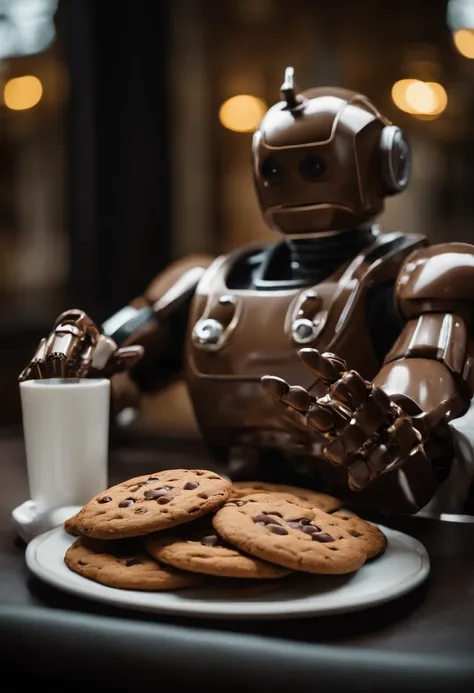 Um humanoid robots segurando um cookie marrom de chocolate; android holding a fat cookie; android from the film Blade Hunter holding a fat chocolate cookie; realisitic; 4K; 3d; maximum perfection; (android with a brown chocolate cookie in his hand); humano...