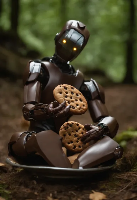 Um humanoid robots segurando um cookie marrom de chocolate; android holding a fat cookie; android from the film Blade Hunter holding a fat chocolate cookie; realisitic; 4K; 3d; maximum perfection; (android with a brown chocolate cookie in his hand); humano...