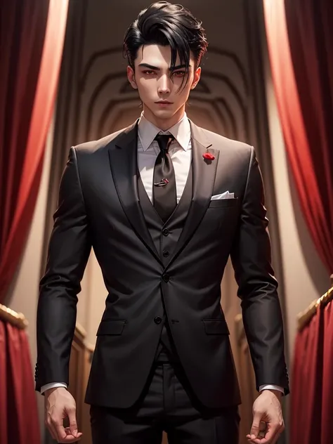 Black haired man with a very nice hairstyle, suit, good body, vampire, red eyes.