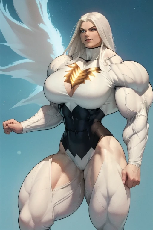 (Close-up), tall, (White hair), beautiful muscular woman, long straight hair, light brown skinned, closed smile, (black lipstick), (massive muscles), (hyper muscle), (ginormous bulky muscles), blue eyes, (((white Phoenix marvel suit))), boots, choker, (in ...