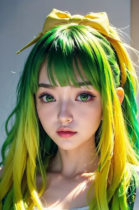 (banchan is 1girl: 1.0), (green eyes_0.9), (green hair_0.8), (yellow hair_0.7), (ombre hair_0.4), (hair bow_0.5), charming light...