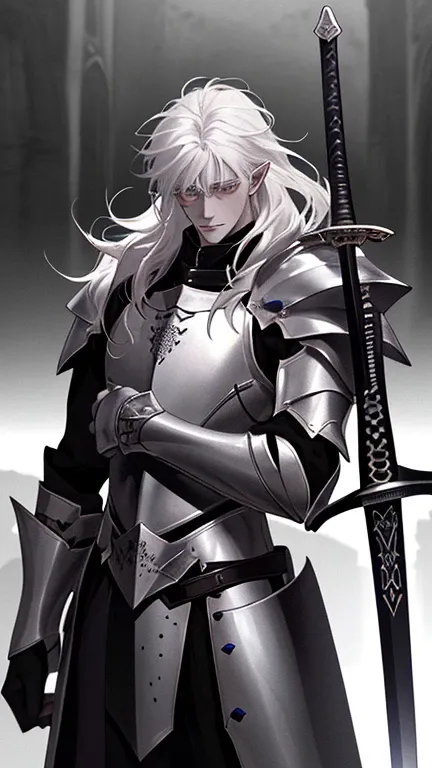 white hair, long hair, messy hair, pointy ears, cinematic lighting, cowboy shot, high details, best quality, super detail, highres, masterpiece, Albino man, knight, black armor, shiny black sword, giant sword, Pale skin, fantasy world dweller, sub-human, d...