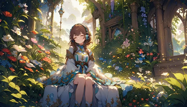 Brown-haired girl wearing headphones、Dreaming Garden - Highly detailed、masterpiece, Highest quality, Bright - with a beautiful garden as a backdrop、Dreamy look、Fantasy style attire、flower々Sitting surrounded by
(Detailed fingers), (Emotional), (Breathtaking...