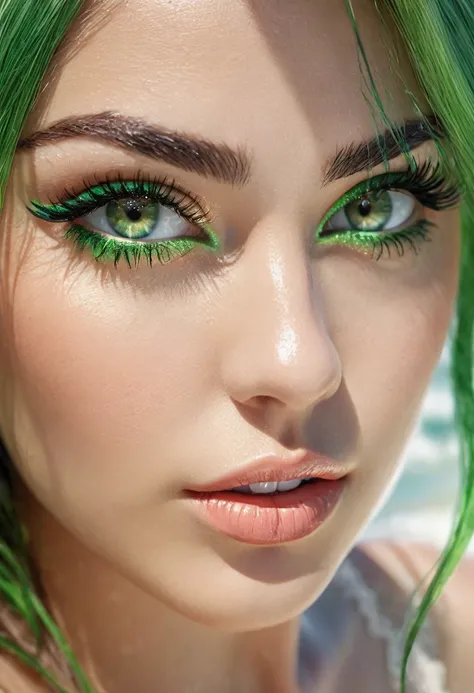 (best quality, 4k, 8k, high resolution, masterpiece: 1.2), ultra-detailed, (realistic, photorealistic, photorealistic: 1.37), beautiful detailed eyes, beautiful detailed lips, extremely detailed face, long eyelashes, medium : May beach, loose Green hair, g...