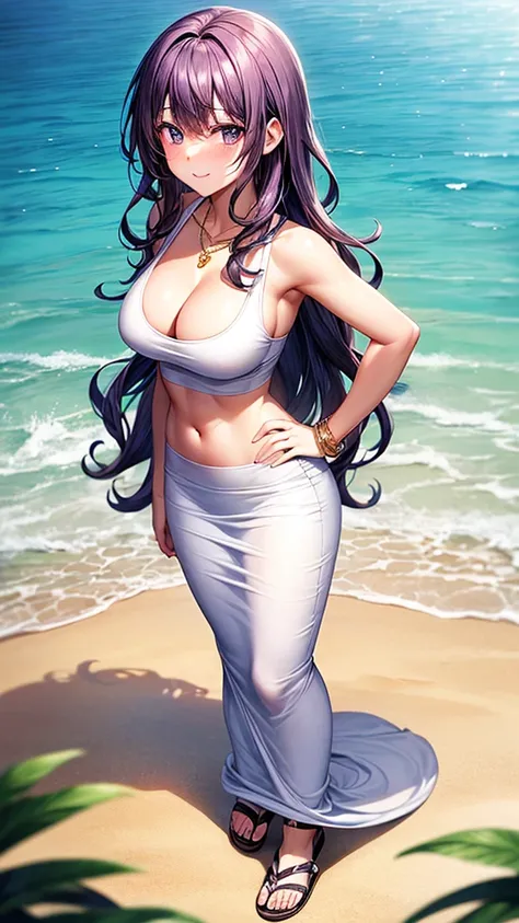 masterpiece, best quality, 1girl, beautiful woman with wavy hair, standing on the beach, purple hair, average breasts, slim body, (white tank top, black maxi pencil skirt), (long skirt:1.2), sandals, (cleavage, midriff, waist, hip bones), ocean waves, look...