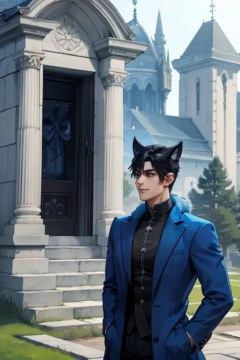 Perfect face. Perfect hands. Perfect blue wolf ears. Perfect blue wolf tail. A handsome black haired man with blue wolf ears and a blue tail in a long coat is exploring a  mausoleum in the cemetery with a big smile