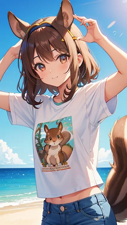 brown hair, curly hair, hairband, squirrel ears, small squirrel tail, Art Deco, sparkle, symmetry, pov, anatomically correct, textured skin, high details, best quality, super detail, ((printed t-shirt)), Hawaii, Waikiki Beach, blue sky, denim shorts