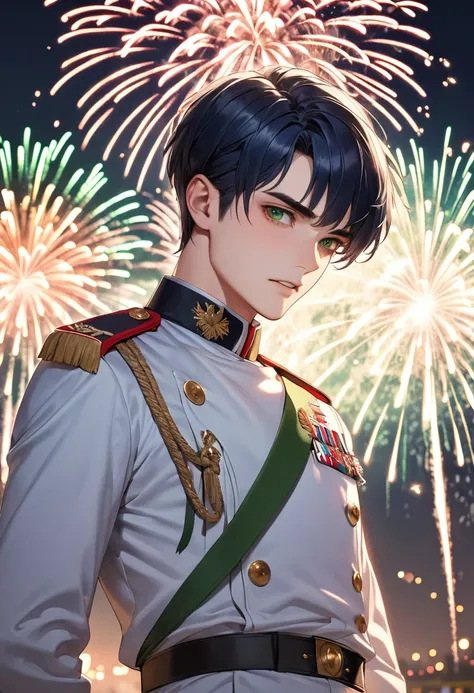 1 male　Short dark blue hair and eyebrows　Bangs that expose the left forehead　 Deep green eyes　White military uniform　firework