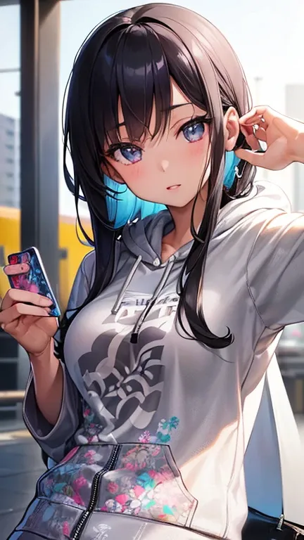 beautiful face, best quality, ultra high resnatural light, shiny skin, detailed skin, detailed face, detailed eyes, beautiful japanese girl, ((Wearing a printed T-shirt and a gray zip-up hoodie over it)), Bluetooth earphones, (holding a smartphone in her r...