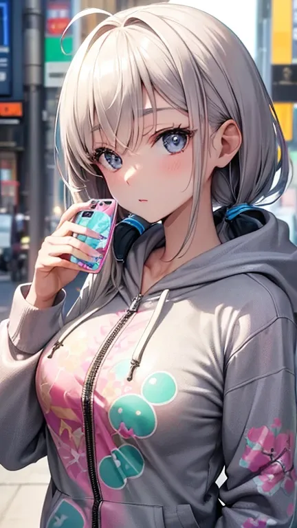 beautiful face, best quality, ultra high resnatural light, shiny skin, detailed skin, detailed face, detailed eyes, beautiful japanese girl, ((Wearing a printed T-shirt and a gray zip-up hoodie over it)), Bluetooth earphones, (holding a smartphone in her r...