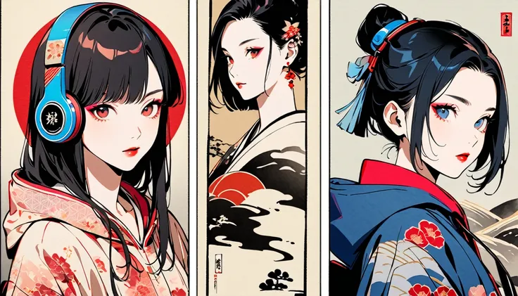 (((Ink Painting))), Fashion portrait color photos, (((1 girl))), (((Flashy makeup))), (((Japanese style headphones))), (((Japanese pattern hoodie))), (((Put on the hood))), Japan人の美少女, Black Hair, Delicate and precise, Modern ukiyo-e style,Japan, Japanese ...