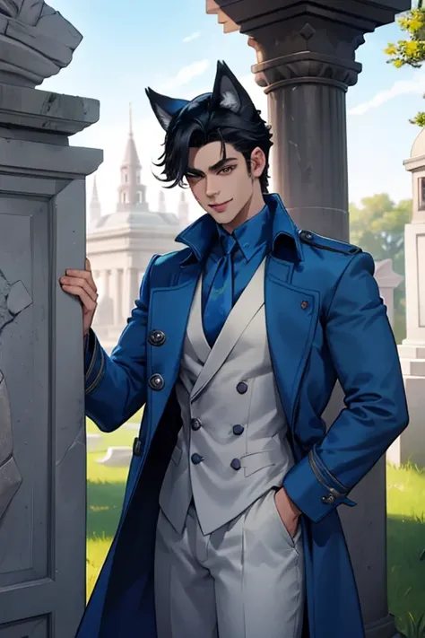 Perfect face. Perfect hands. Perfect blue wolf ears. Perfect blue wolf tail. A handsome black haired man with blue wolf ears and a blue tail in a long coat is exploring a mausoleum in the cemetery with a big smile
