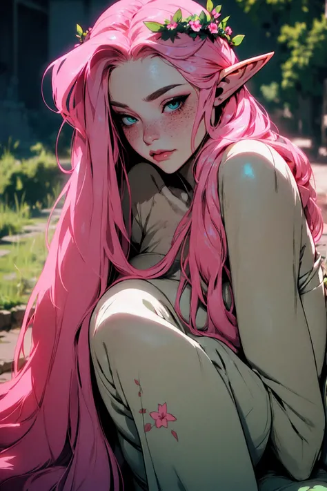 hyper-realistic of a mysterious woman with flowing pink hair, ears of elf, freckles, piercing green eyes, and a delicate floral crown, delicate smile, upper body, dinamic poses,sitting, backwards, looking back