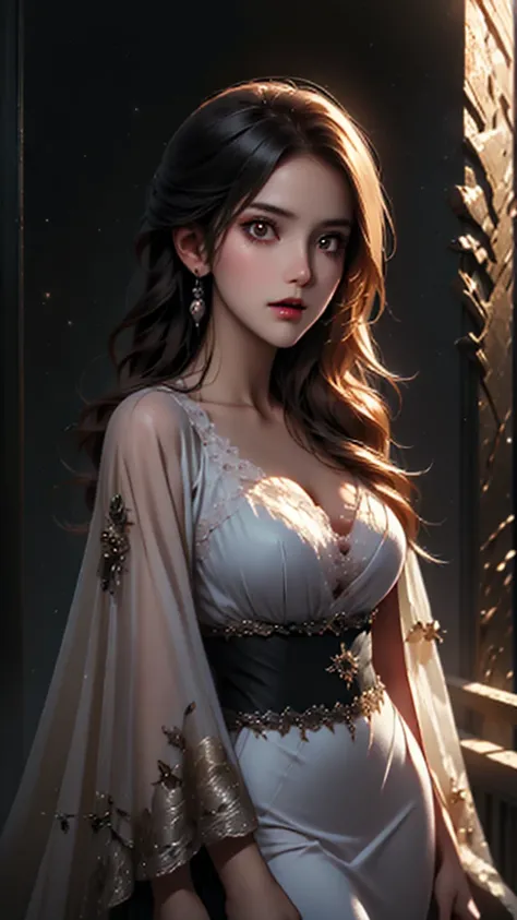  wide shot of a beautiful vampire girl standing under a full moon night, photorealistic, extreme details, atmospheric lighting, cinematic scene, high resolution, intricate textures, ethereal glow, detailed facial features, dramatic shadows