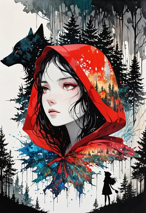 (Double exposure:1.3) effect of Little Red Riding Hood and the Wolf silhouette, superimposed against dark forest sky by Conrad Roset, Brandon Kidwell, Andreas Lie, Dan Mountford, Agnes Cecile, Jeremy Mann, oil and ink canvas, fine art, super dramatic light...