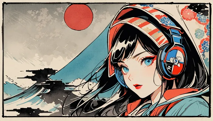 (((Ink Painting))), gang, (((1 girl))), (((Flashy makeup))), (((Japanese style headphones))), (((Japanese pattern hoodie))), (((Put on the hood))), Japan人の美少女, Black Hair, Delicate and precise, Modern ukiyo-e style,Japan, Japanese flag, red and blue neon