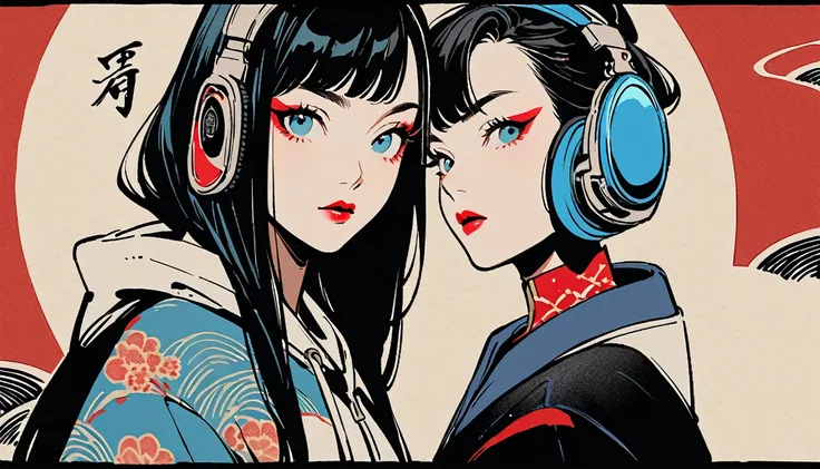 (((Ink Painting))), gang, (((1 girl))), (((Flashy makeup))), (((Japanese style headphones))), (((Japanese pattern hoodie))), (((Put on the hood))), Japan人の美少女, Black Hair, Delicate and precise, Modern ukiyo-e style,Japan, Japanese flag, red and blue neon