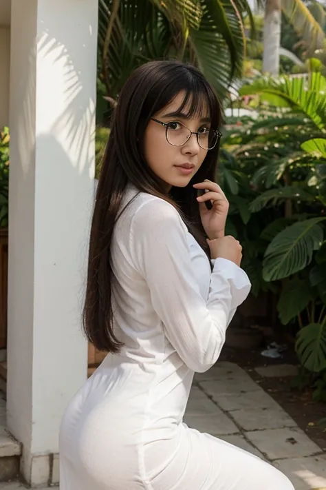 A sweet beautiful young Bogor city girl, 25  years old, sweet georgeus round childish face, white pale skins, big wide forehead, cute  hawk type little  nose, big round eyes,  dark big mole under her eyes, very slim little  body, slim legs, very slim butto...