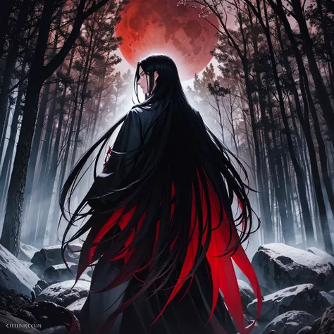 "Create a dark fantasy book cover image. oil painting style male character with long black hair wearing a black coat Standing in the middle of a dark forest There was a blood moon shining behind it. One side of his face showed a calm expression. The other ...