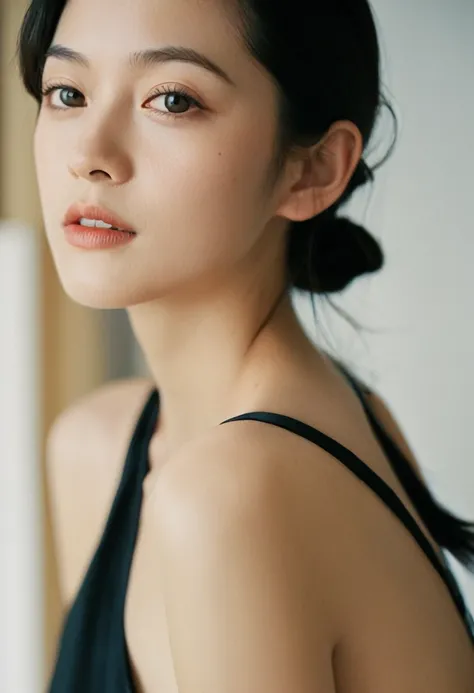 xxmixgirl, Upper body of a beautiful cute long and slender slimmed face Japanese girl, happy smiling, still from the film, ((young Marion Cotillard face : 1.2)), ((young Anne Hathaway face: 1.0)), top shot, portrait photo of a cute 25 years old girl, looks...