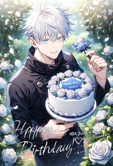 Ultra detailed, Highres, absurdres, HDR, master piece, best quality, Gojou Satoru, white hair with bangs, white eyelashes, expressive blue eyes, black clothes, Jujutsu Kaisen, sexy man holding a cake, happy birthday, white petals, white roses, garden, hand...