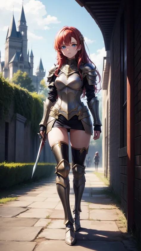 アニメ, 16 year old girl, {face perfect}, {Chanel red hair}, {greeneyes}, {asymmetrical eyes}, {perfect nose}, {red lips}, {full body 5.0}, {({very detailed gold and black armor 1.6})}, {walking, in a castle}
{8k image}, {ultra resolution 128k}, {ultra qualit...