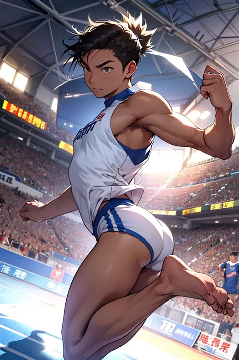 A high jump athlete、The moment you run towards your goal。The camera angle is drawn from behind, from the feet to the head.。