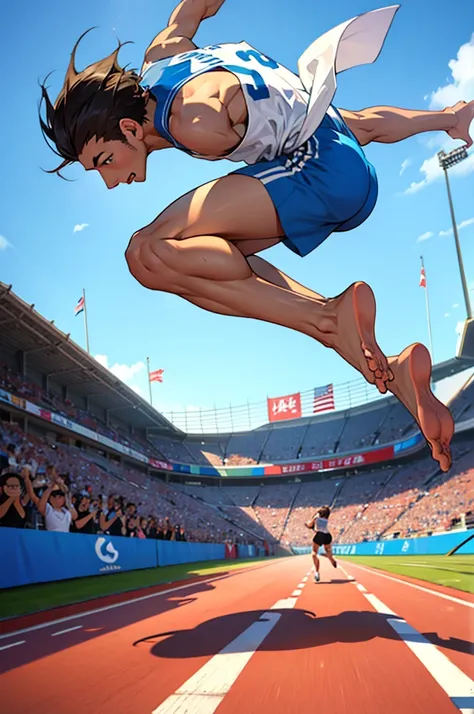 A high jump athlete、The moment you run towards your goal。The camera angle is drawn from behind, from the feet to the head.。