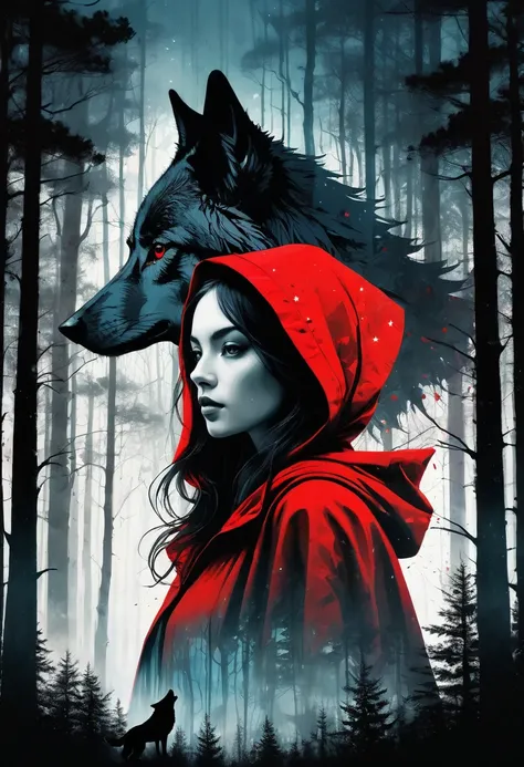 (double exposure:1.3) effect of little red riding hood and the wolf silhouette, superimposed against dark forest sky by conrad r...