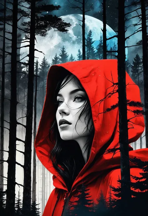 (Double exposure:1.3) effect of Little Red Riding Hood and the Wolf silhouette, superimposed against dark forest sky by Conrad Roset, Brandon Kidwell, Andreas Lie, Dan Mountford, Agnes Cecile, Jeremy Mann, oil and ink canvas, fine art, super dramatic light...