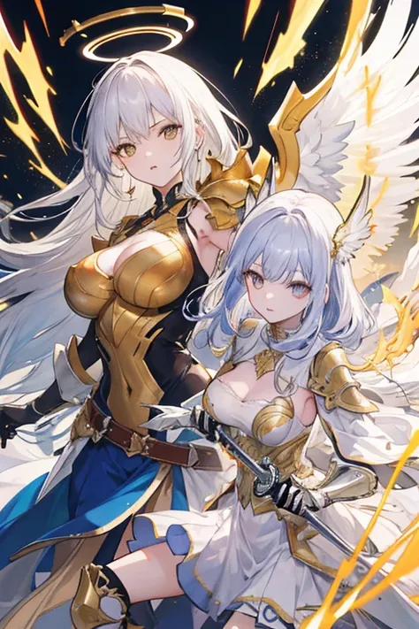 (best qualityer), (work of art), (ultra definition), Ultra detailed image with 2 girls battling with giant swords, a girl has long white hair and white armor and white angelic wings and golden halo on her head and white eyes and a giant golden sword in her...