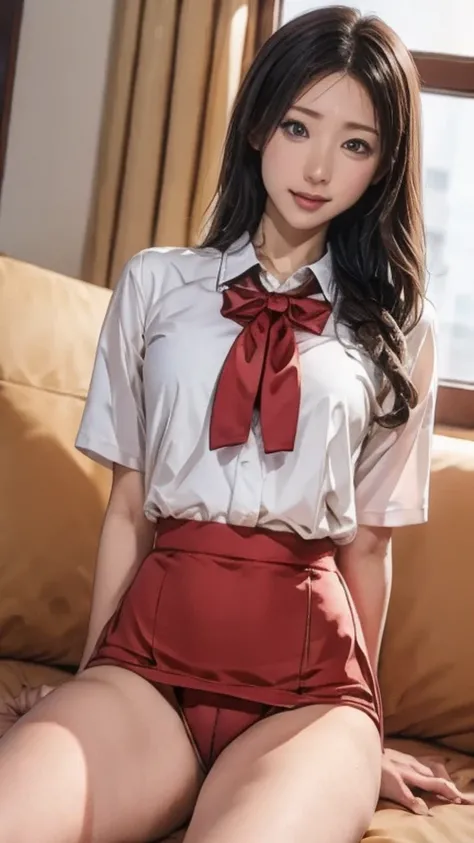 Arabian style Asian woman wearing a white shirt and red bow tie sitting on a sofa, Cute school girl, hyperRealistic , a hyperRealistic , High school girl posing, Thigh close-up, Realistic , wearing Japanese , Japanese girl , Japanese , Legs close-up, lower...