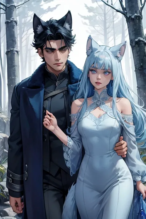 One man. One woman. Perfect face. Perfect hands. Perfect blue wolf ears. Perfect blue wolf tail. A handsome black haired man with blue wolf ears and a blue tail in a long coat is walking with a young silver haired woman with violet eyes and silver cat eyes...