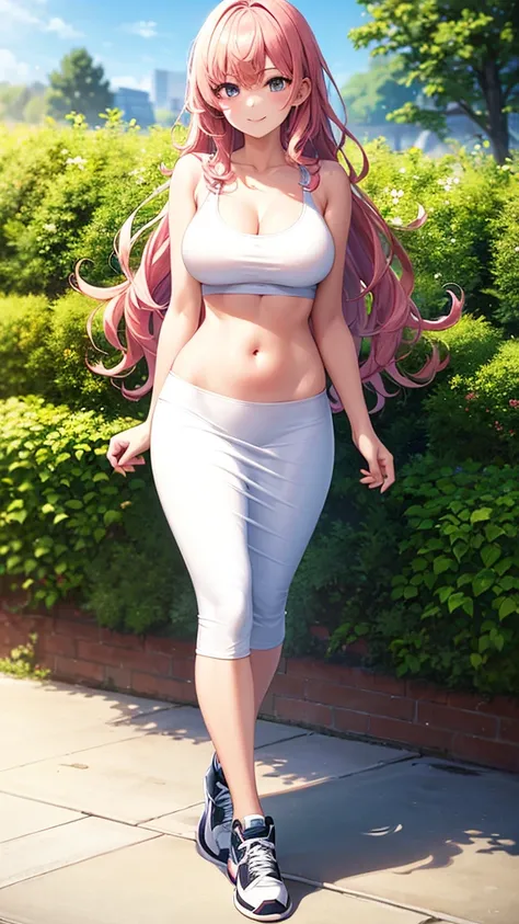 masterpiece, best quality, high detail, 1girl, beautiful woman with long wavy hair, pink hair, large bust, breasts, white sports bra, black midi pencil skirt, long skirt:1.25, sneakers, collarbone, midriff, belly button, summer, garden, full body, looking ...